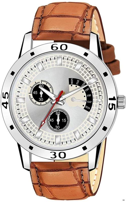 CSAMON Analog Silver Dial and Tan Strap Wrist Watch for Men