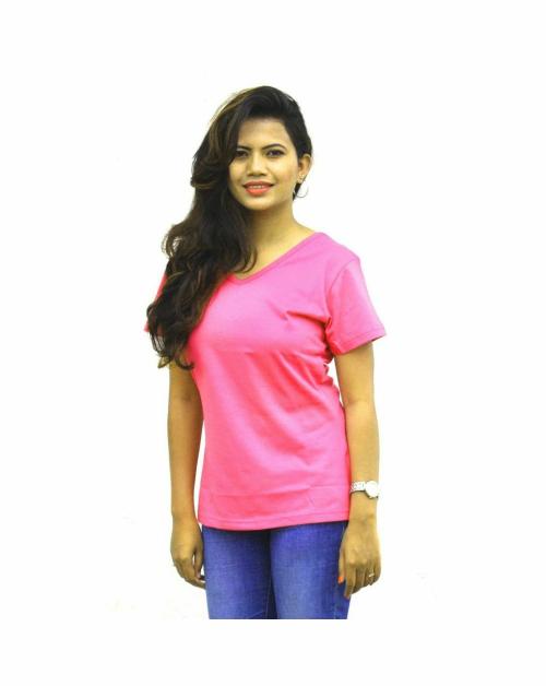 Wilumanity Women Pink Solid Cotton Blend T-Shirt - 5XL
