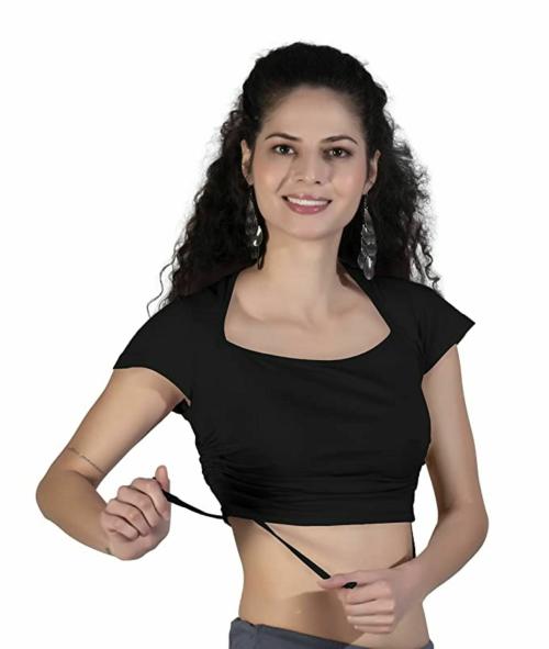 THE BLAZZE B4013 Women Cotton Deep Triangle Neck Butterfly Sleeves Adjustable Drawstring Crop Tops Black Readymade Saree Blouse for Women