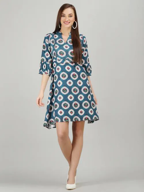 LADY CRAZY Women Cotton Shaded Digital Print V Neck 3/4th Sleeves Fit and Flare Dress