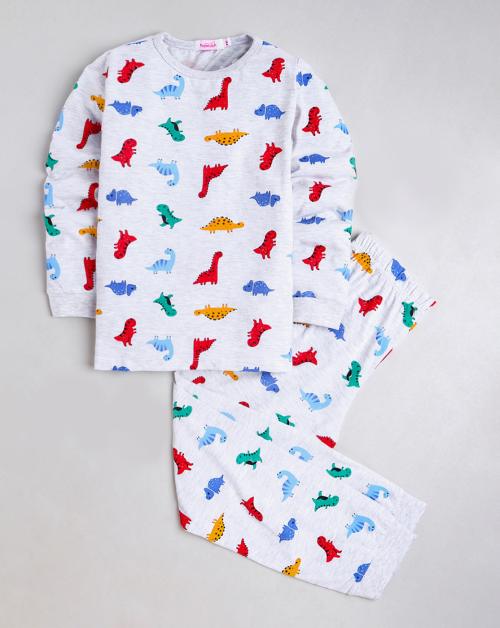 Hopscotch Boys Cotton Animal Print T-Shirt And Pajama Set In Gray Colour For Ages 7-8 Years (CPM-3146707)
