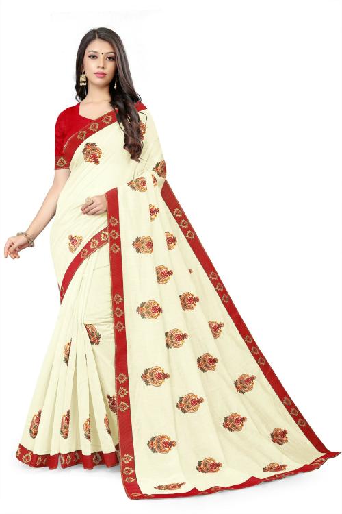 Vajiba Women Multicolor Embroidered Cotton Blend Wedding Chanderi Saree, Unstitched Blouse Piece