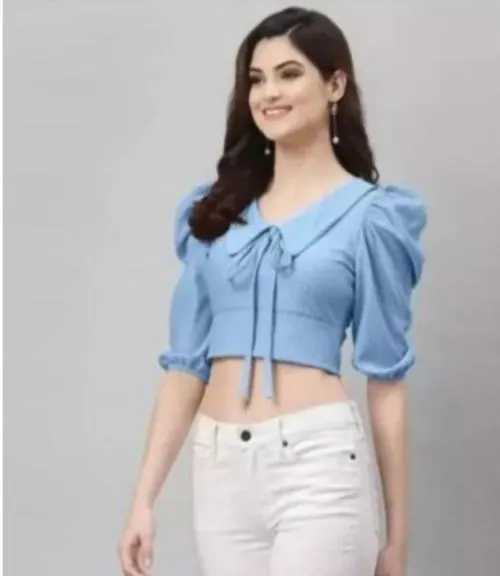 Aks Fashion Front Dori Women Top With Puff Collar Lycra Fabric Casual Wear With Puff Sleeves Light Blue Size S
