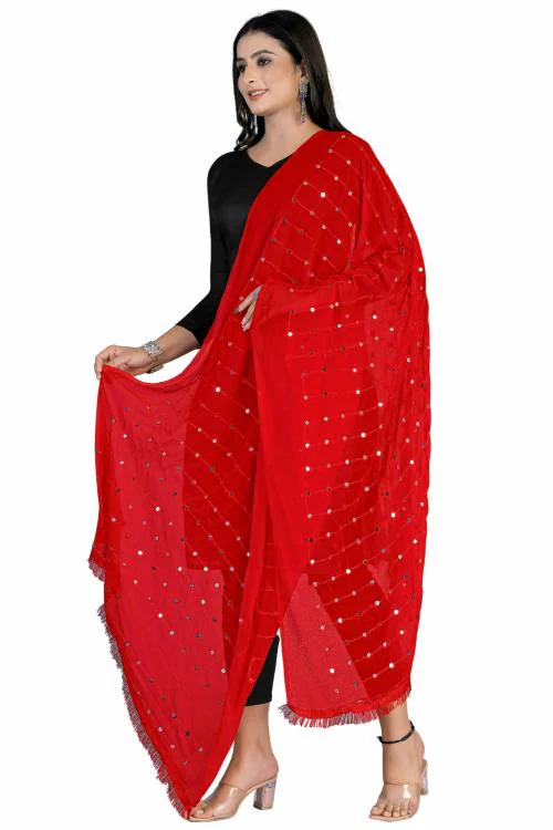 Kemza Women's Embroidered Mirror Work Chiffon Dupatta (Red) with Stripe Pattern