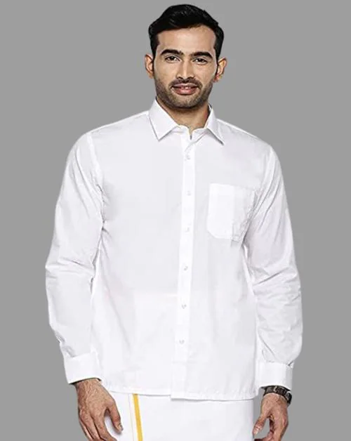RAMRAJ Men's White Solid 100% Cotton Full-length Sleeve Shirt