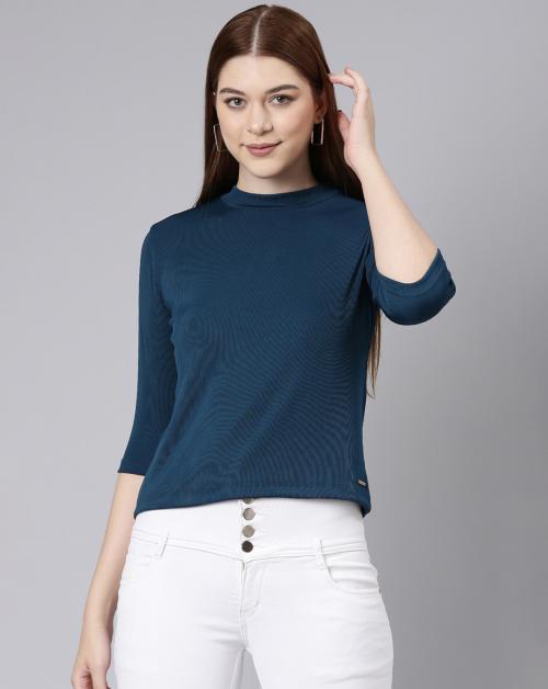 Twinbirds Peacock Blue Women High Neck Top