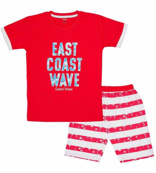 Toodles Boys Rose Red Printed Cotton Blend Tshirt Pant (3 - 4 Y)