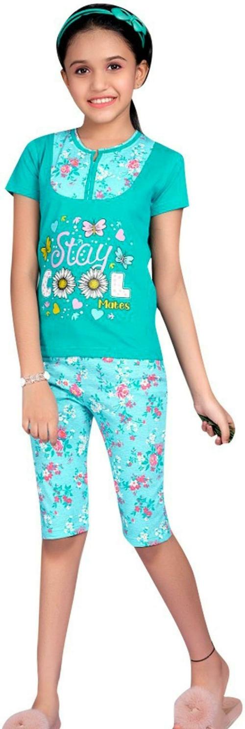 COC COLOURS OF COTTON _ Girls Green Cotton Nightwear Set (3 to 4 years)