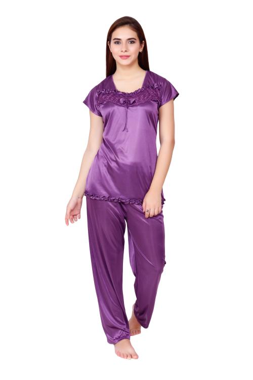 Buy Night keys Women's Satin Plain/Solid Purple Night suit Top & Pajama