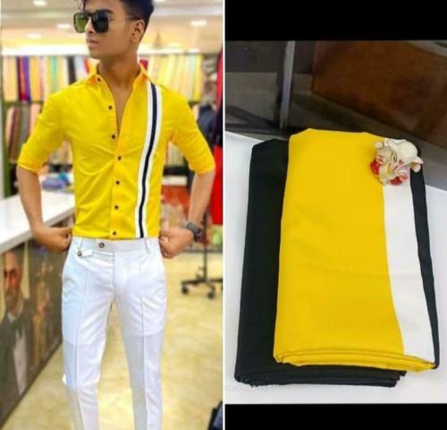 DHARMESH ENTERPRISE Men White, Yellow Striped Polycotton Unstitched Shirt and Trouser Material (Free Size)