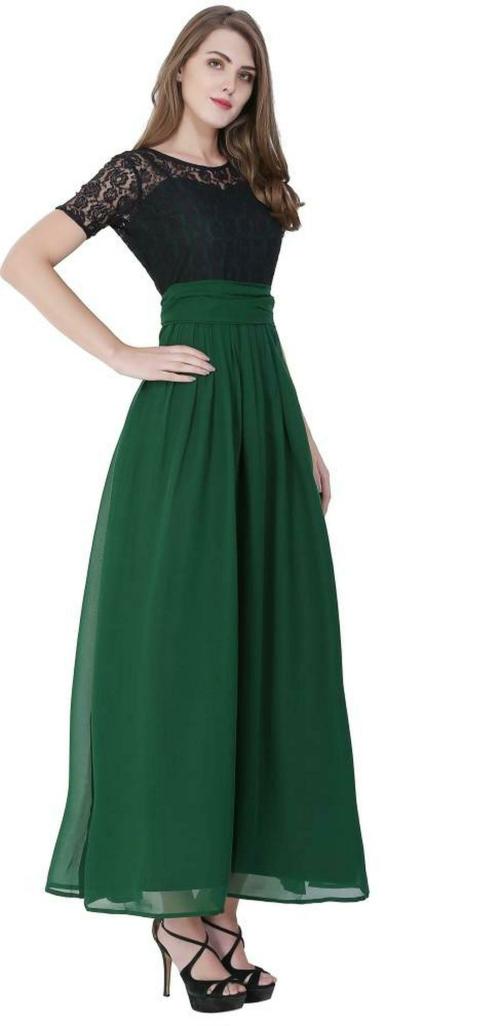 scenestealer Women Green, Black Printed Poly Georgette Maxi Dress - M