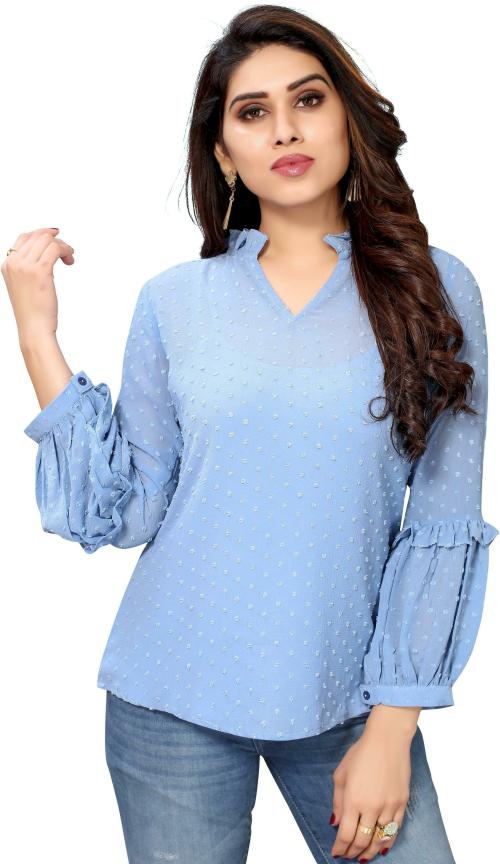 Prettify Women Light Blue Embellished Polyester Single Top