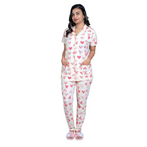 ONE SKY Night Suits for Women, Cotton Suit Set, Breathable Women Wear, Half Sleeves Night Dress, 2 Patch Pockets, Easy to Care Girls Night Dress, Relaxed Fit Top & Pants(Pattern Wear) (Cream)