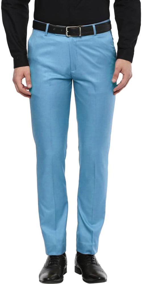 INSPIRE Men Light Blue Solid Polyester Viscose Blend Formal Trousers - 40