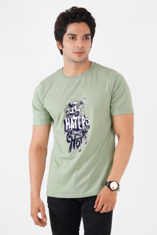 Jrcy Round Neck Printed Bio Washed Pista Color Cotton T-Shirt for Men