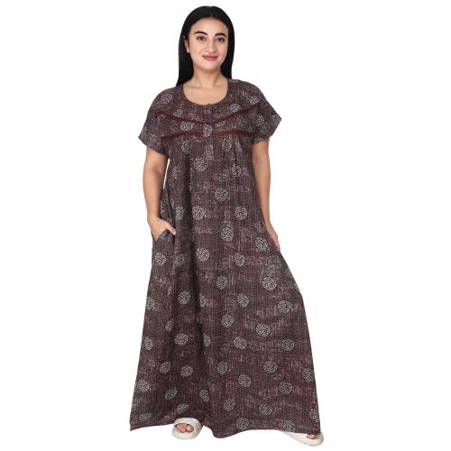 OSF Women's Printed Cotton Floral Maxi Round Neck Full Length Nightwear Night Gown Nighty ( Pack of 1, Brown, Size: 4XL, NW0386_4XL_BR)