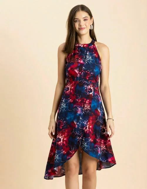 Moomaya Women's Printed Vacation Dress, Knee Length Side Slit Midi Dress