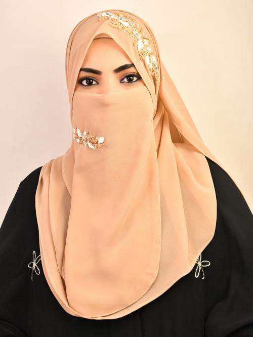 WRAP MY HIJAB Beige Party Wear Hijab Scarf With Handwork Naqab