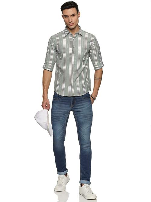 Mens Casual Striped Shirt for Summer (Large, Bombay Blue)