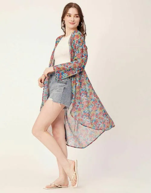 Moomaya Women Printed Sheer Shrug, Long Length Casual Beach Wear Coverup