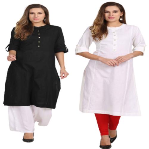 Jivitha Women Vibgyor Kurta Made Out of Cotton Flax with Vivid Silhouettes/Black & White Colors (Combo) Pack of 2