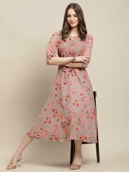 Buy Fabflee Women Brown Printed Chiffon Aline Dress (Brown) Dresses