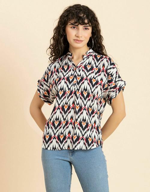 Buy Moomaya Women's Printed Short Sleeves Top, Mandarin Collar Everyday Viscose Top Online at