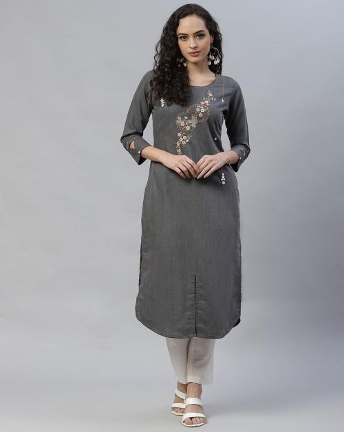 LAAKHI Women's Regular Fit Boat Neck 3/4 Sleeve Cotton Straight Kurti (GRAY-XL)