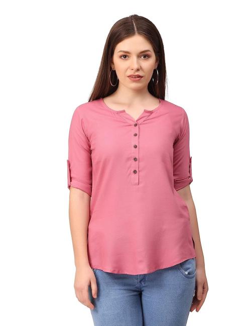 Pavisa Women’s Casual Rayon Pastel Pink Solid Top With Front Button Design, Stylish Top With V-neck and Three Quarter Roll Up Sleeve - XX Large