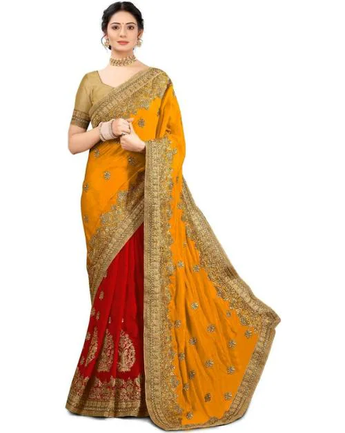 Kedar Fab Silk Blend Embroidery Saree silk With Blouse Piece