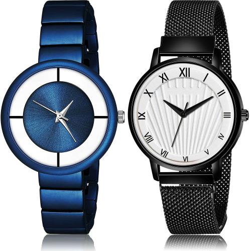 NEUTRON Latest Collection Simple Chain And Magnet Blue And Black Colour Analog Metal And Stainless Steel Belt 2 Watch Combo For Women And Girls - G633-G514