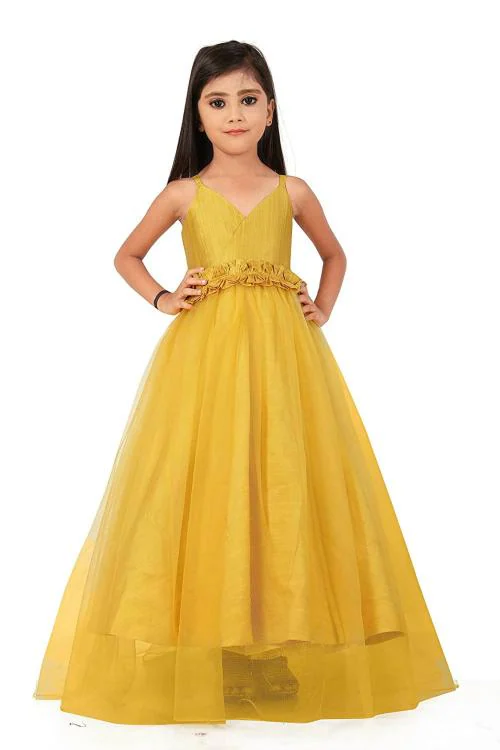 NOYYAL Girls Net & Satin Gown Dress for Kids-Yellow-5-6 Years