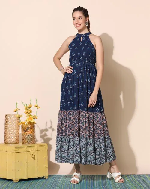 Fashion Dream Women Dark Blue Printed Georgette Dress | Dresses| Women Dress| Maxi Dresses| Dress for Women| Maxi Dresses For Women | Women Casual Dress | Tiered Dress| Maxi |Printed Dress | Halter Dress