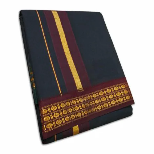 South Indian Men's Pure Cotton Dhoti Towel set for Pooja | Cotton Color Unstitched Dhoti Towel 9X5 (Black)