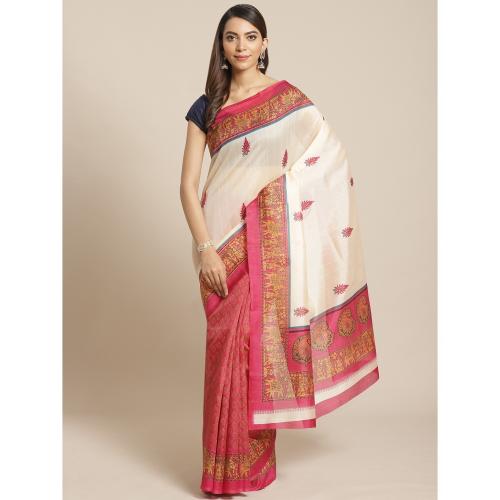 Fab99 White And Pink Animal Print Saree