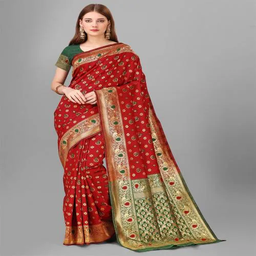 LALAN SHREE CREATION Women Silk Saree Rich Pallu With Silver Zari Waving Silk Saree With Unstitched Blouse Piece {Red}