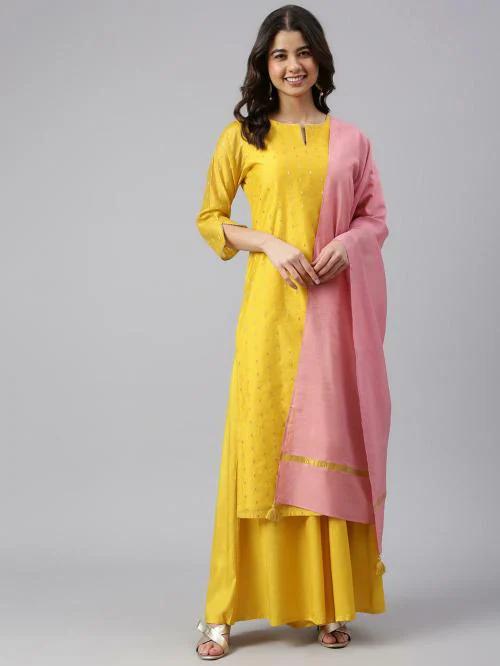 Janasya Women's Yellow Chanderi Silk Woven Kurta with Palazzo and Dupatta