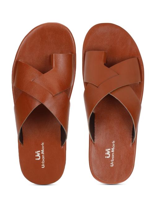 UrbanMark Men Comfortable Cross-Over Toe-Ring Faux Leather Outdoor Slippers- Tan