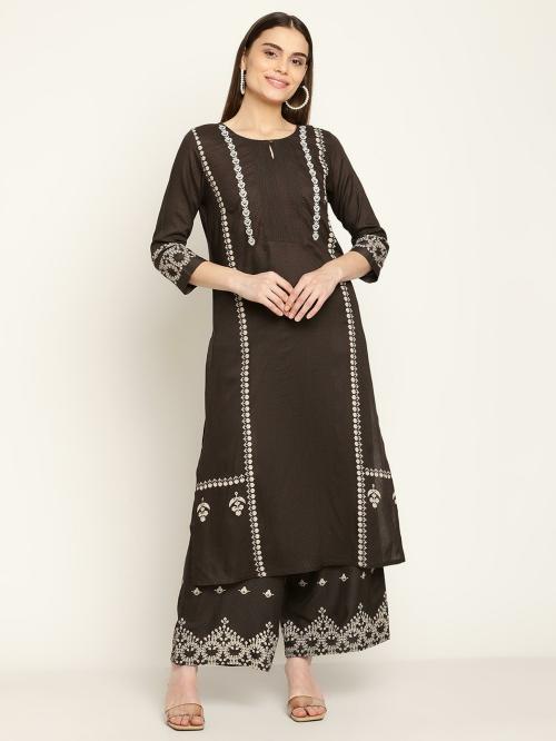 Cantabil Women Black Embroidered 3/4th Sleeves Round Neck A-line Kurta Palazzo Set