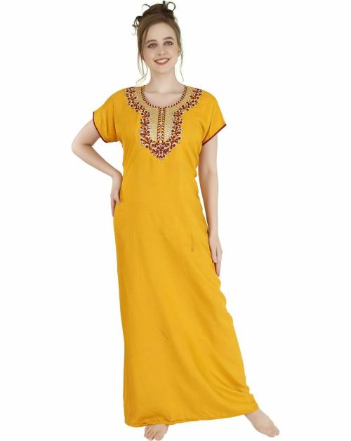 BAILEY SELLS Women Yellow Embroidered Viscose Rayon Nighty - L | XL Nighties | Yellow Nighties | Viscose Nighties | Night wear | Sleep wear