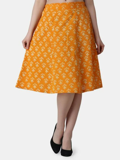 Popwings Casual Yellow Ethnic Print A Line Knee Length Skirt For Women | Women Latest Design Skirt | Women Stylish Skirt | Skirts For Women Western Wear