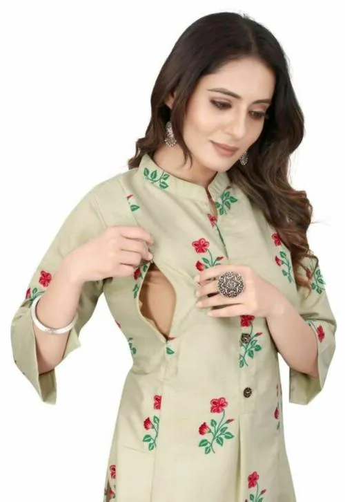 Jagadamba Creation Maternity A-line Cotton Feeding Kurti For Women with Easy Zipper-Cream