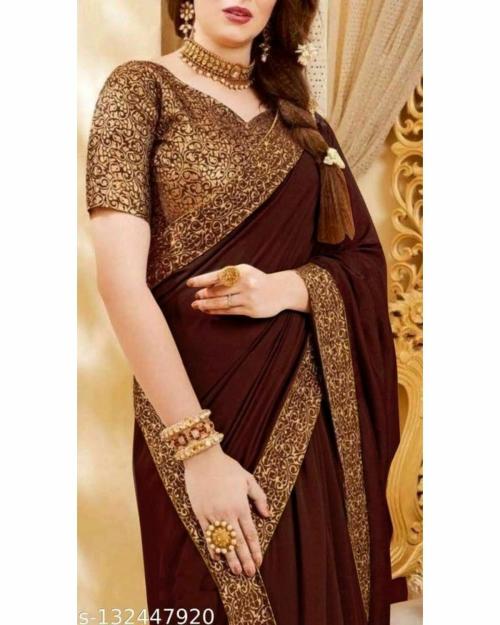 Vkaran Women's Brown Art silk Lace Work Saree With Blouse