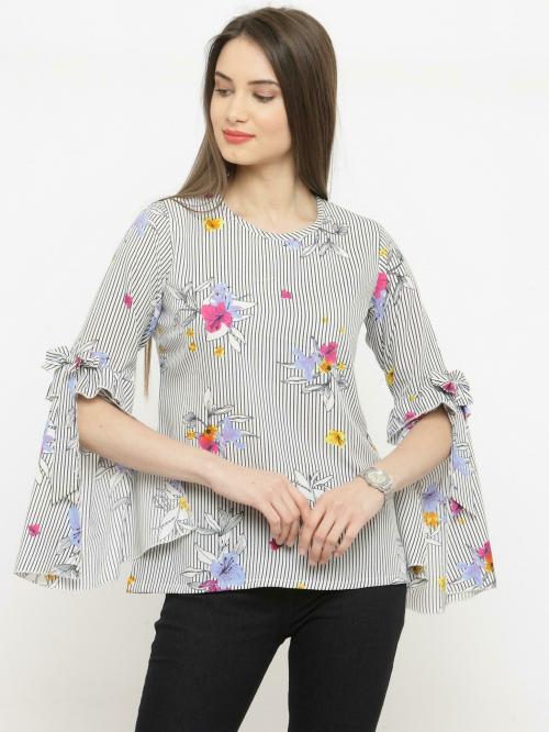 Pluss Women White Striped Cotton Blend Casual Regular Sleeve Top