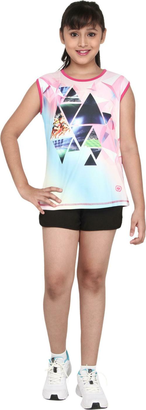 QiDDO Sports Girls Pink Printed Polyester Round Neck T-shirt