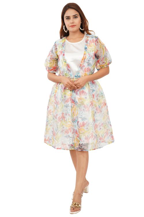 Edla Floral Printed Satin Organza With Shrug Dress for Girls and women ,(white S)