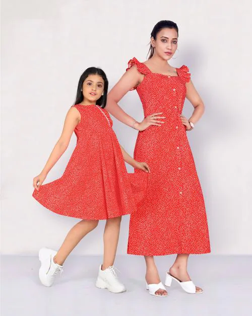 Fashion Dream Mother-Daughter Orange Splash Printed Dress
