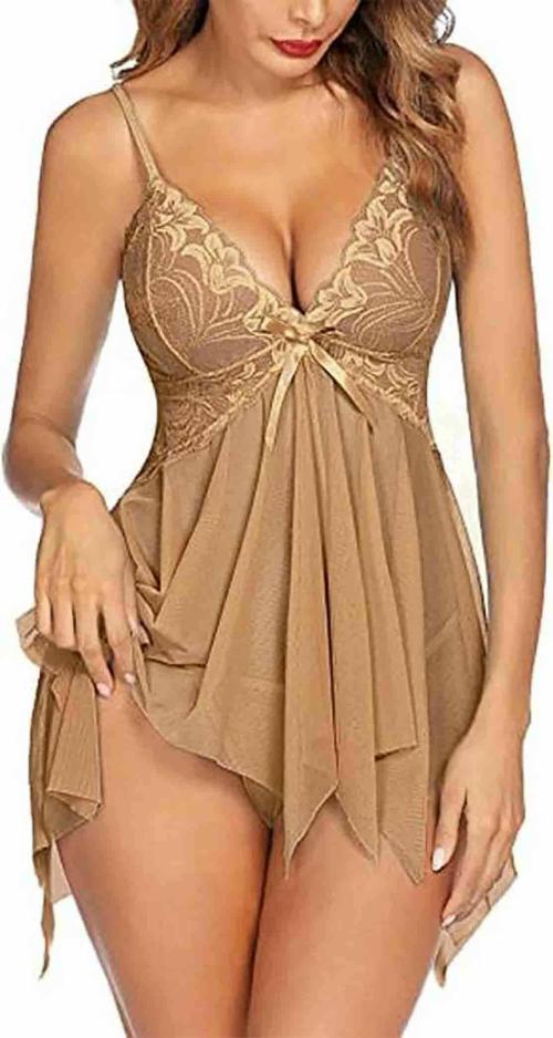 ZXS STYLE Women Beige Net Babydoll Nighty