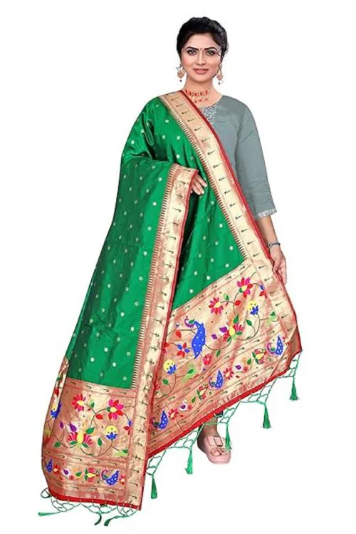 VIBRANCE Women's Woven Silk Paithani Dupatta/Chunni,With Beautiful Paithani Zari Work and Handwoven Butti, Width 44 Inch,Length 2.5 Meter (Green)