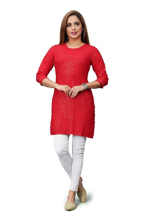 Tantra Women Red Self Design Short Kurta (XL)